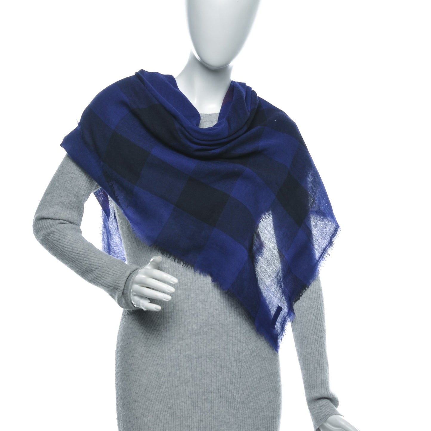 Merino Wool Check Square Scarf Blue