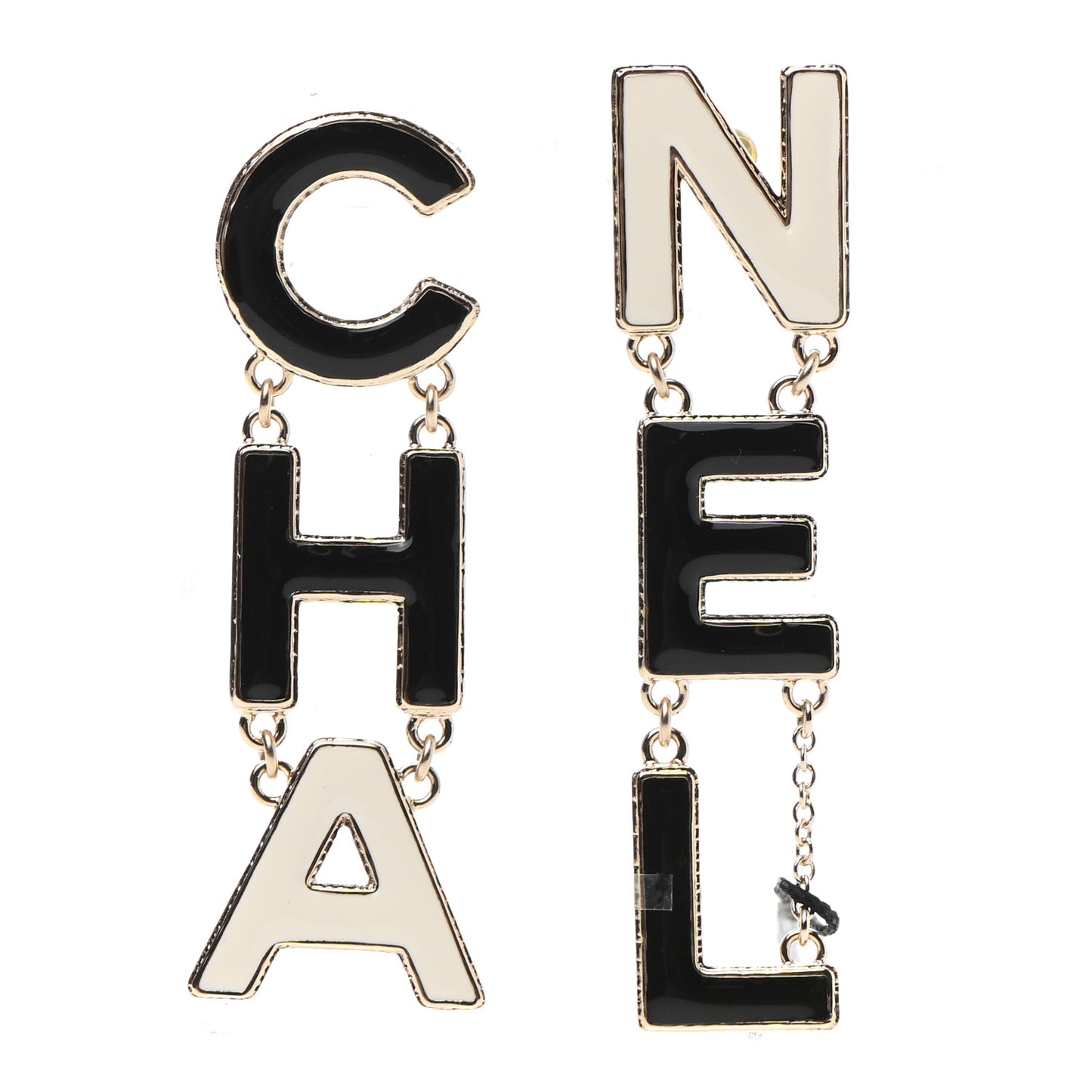 Metal Enamel Cha-Nel Logo Drop Earrings Black White
