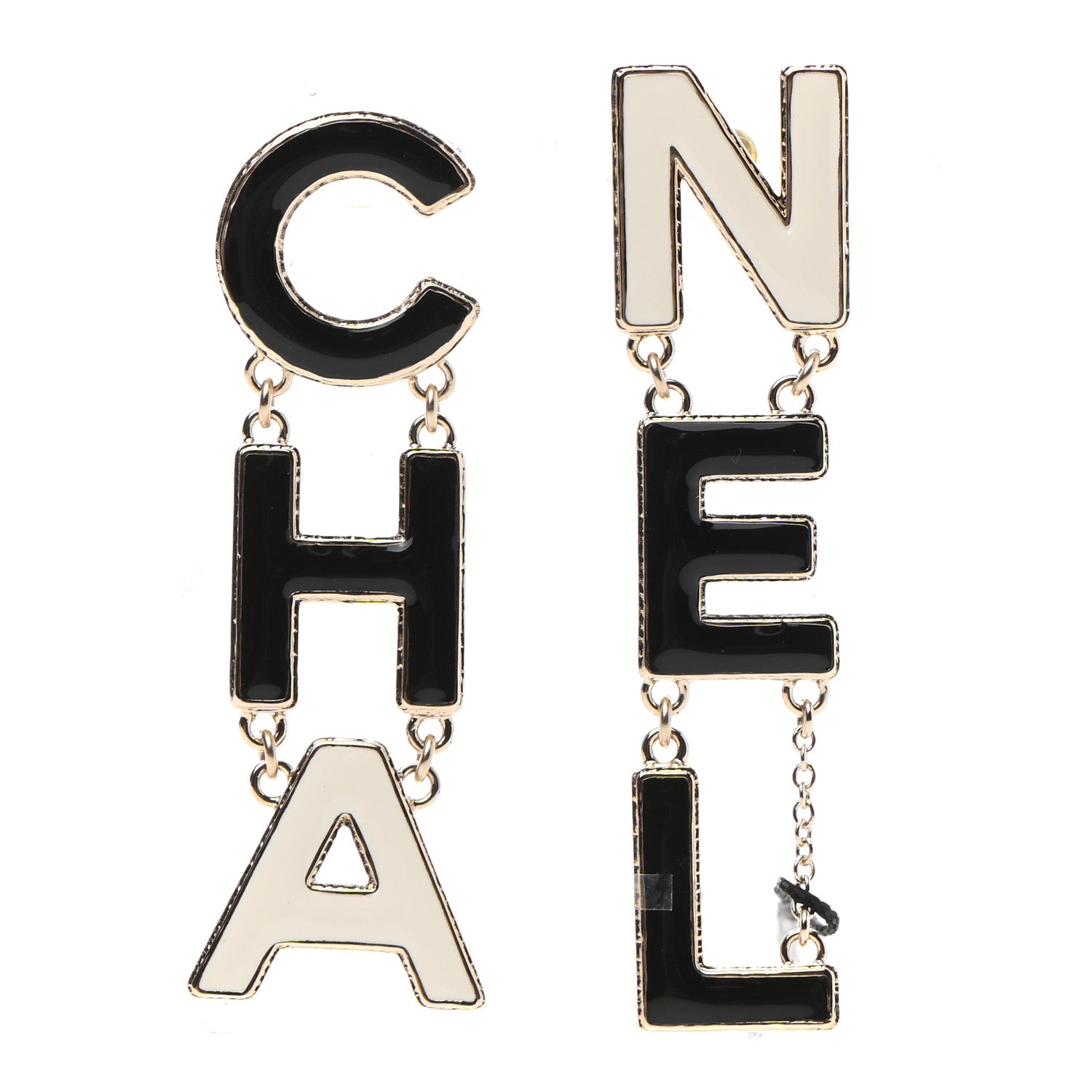 Chanel Metal Enamel Cha-Nel Logo Drop Earrings Black White 2 of 9