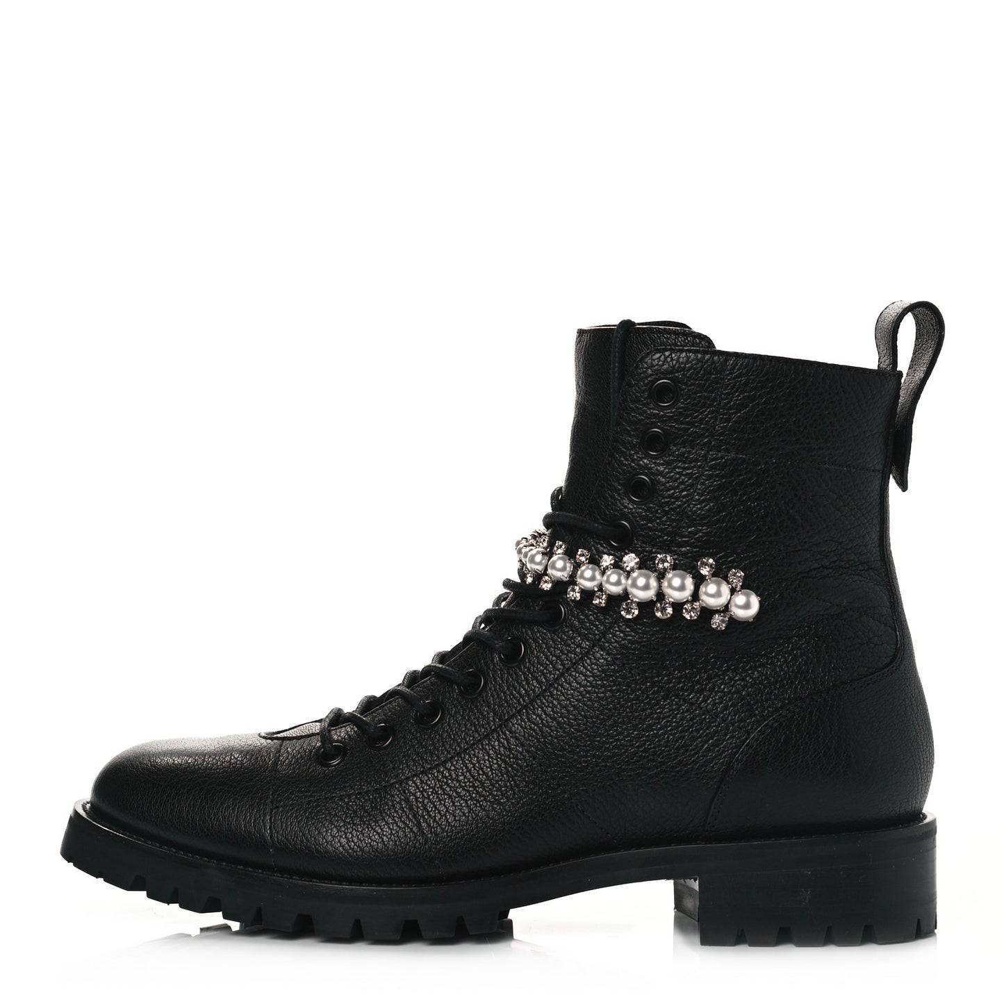 Grained Calfskin Crystal Embellished Cruz Combat Boots 39.5 Black