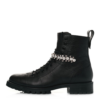 Jimmy Choo Grained Calfskin Crystal Embellished Cruz Combat Boots 39.5 Black 1 of 6