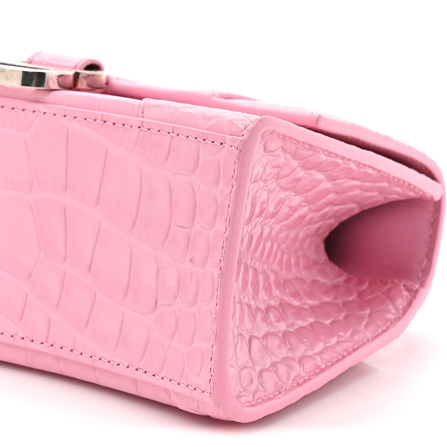 Shiny Calfskin Crocodile Embossed Hourglass Top Handle Bag XS Sweet Pink
