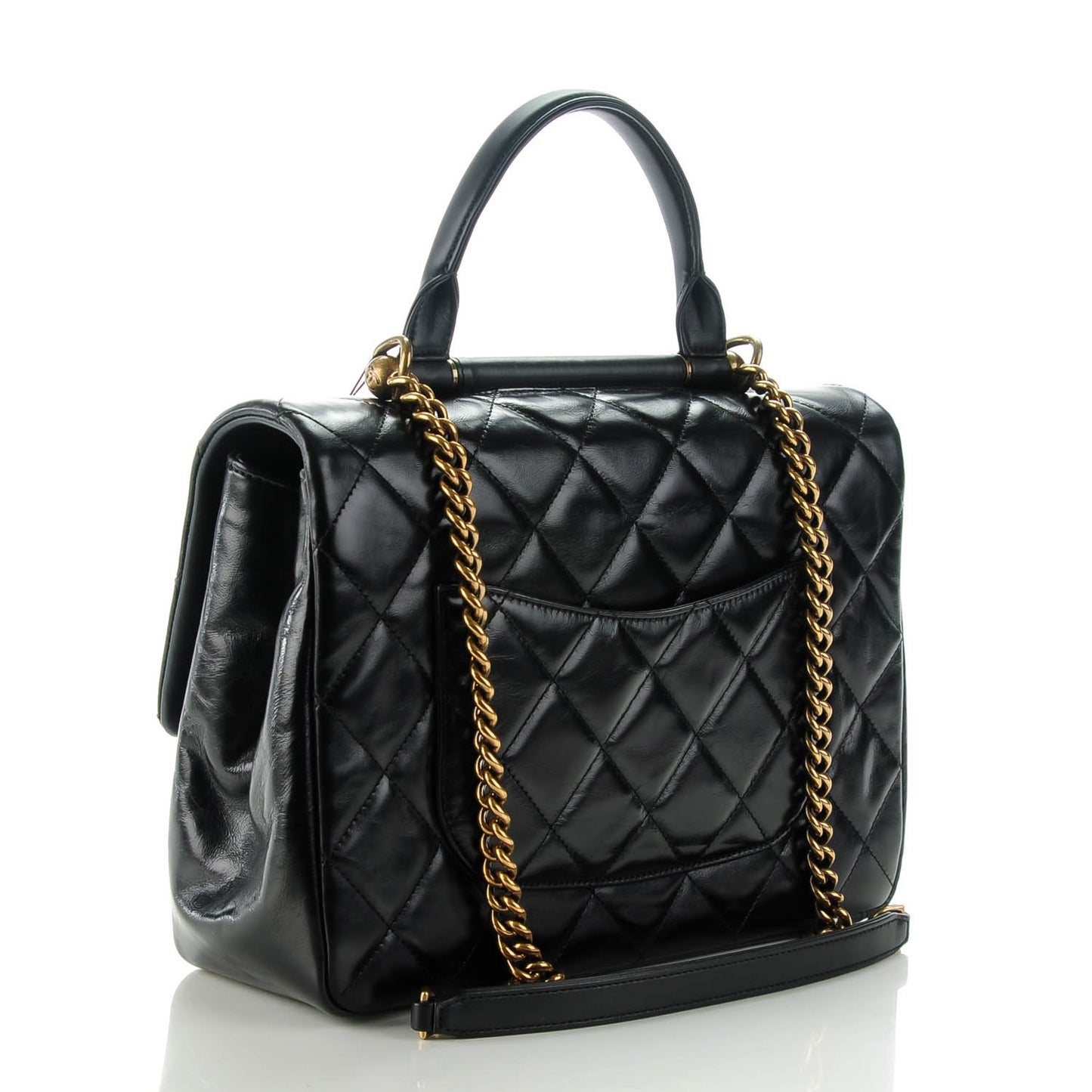 Calfskin Quilted Large Gold Bar Top Handle Flap Black