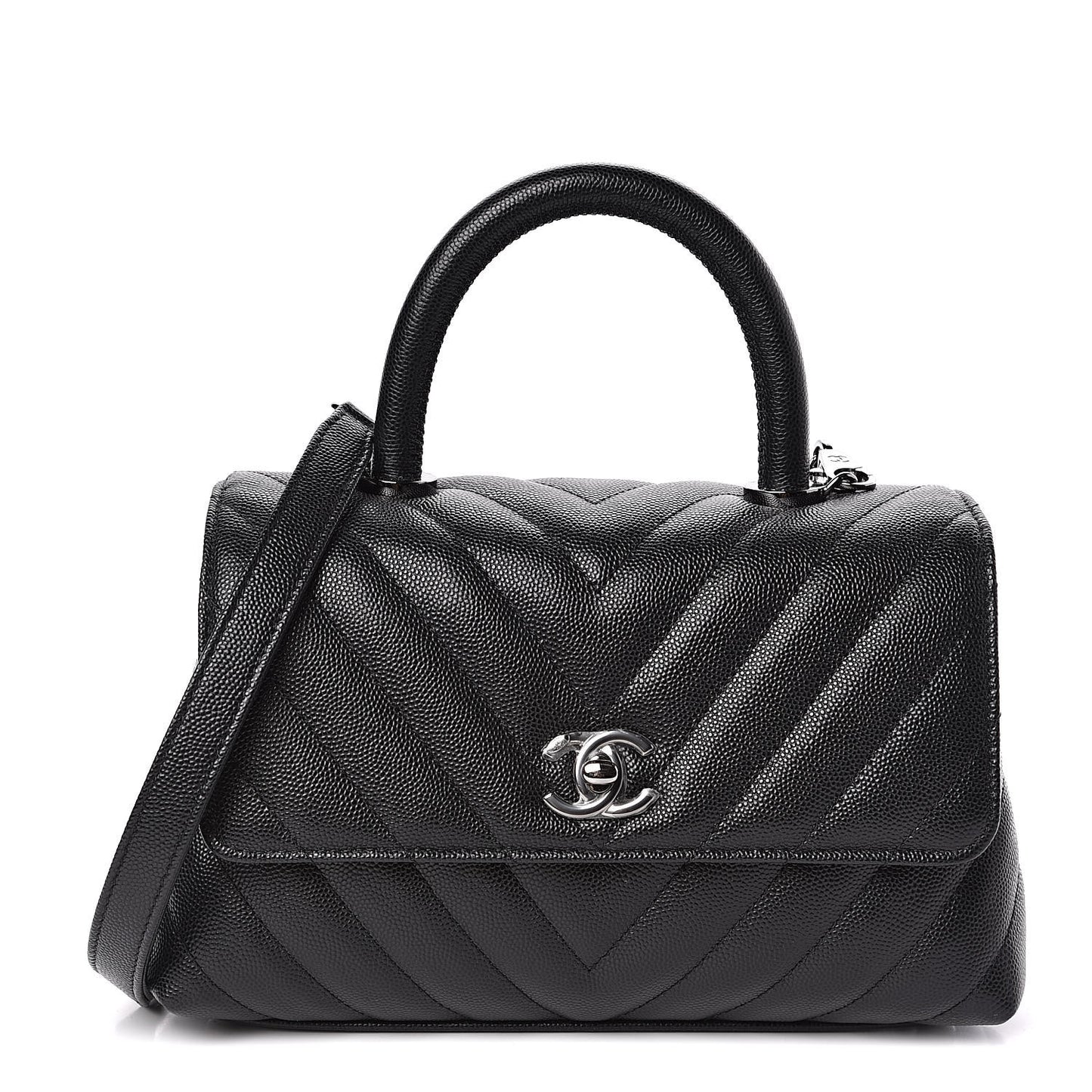 Caviar Chevron Quilted Mini Coco Handle Flap Black