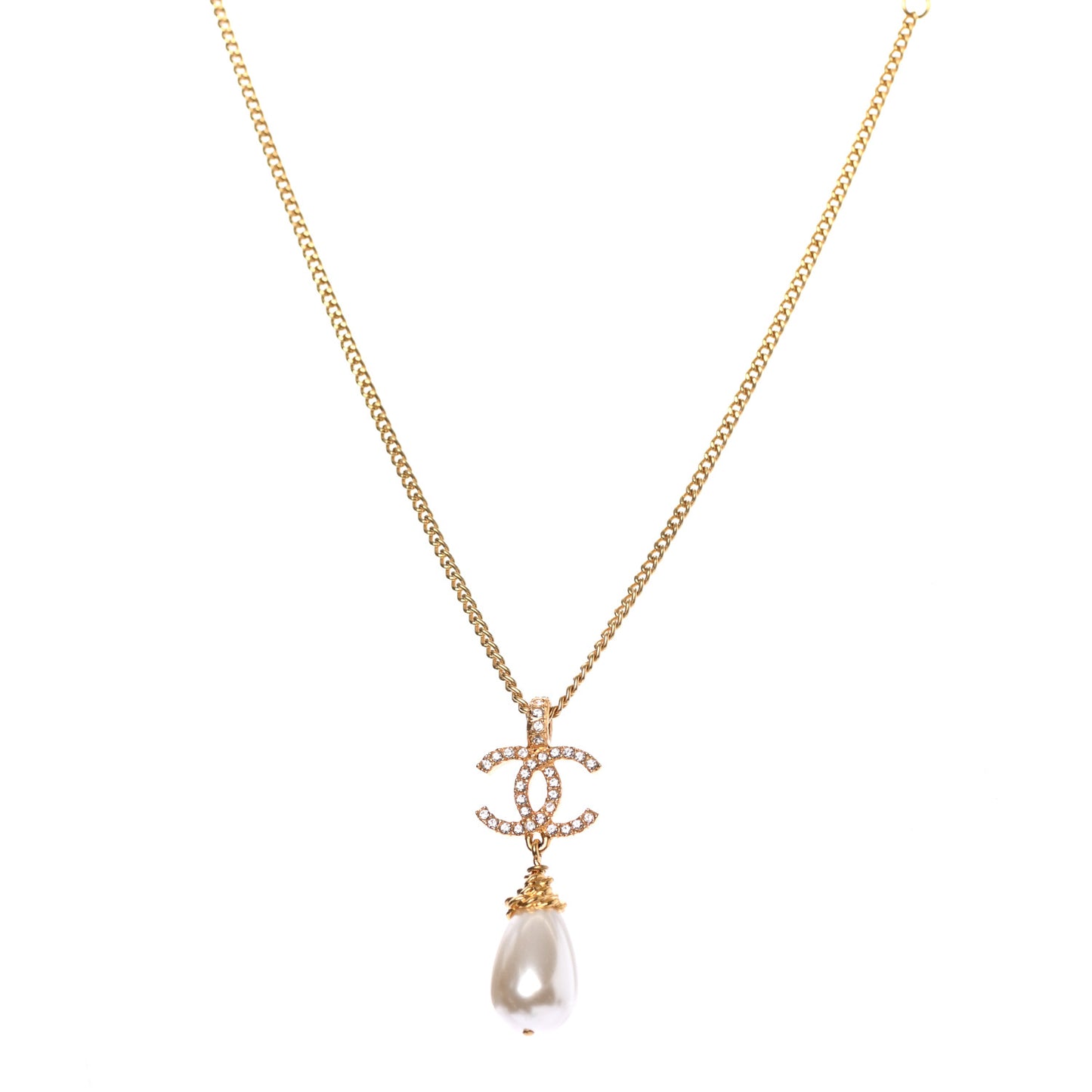 Pearl Crystal Twisted CC Drop Necklace Gold
