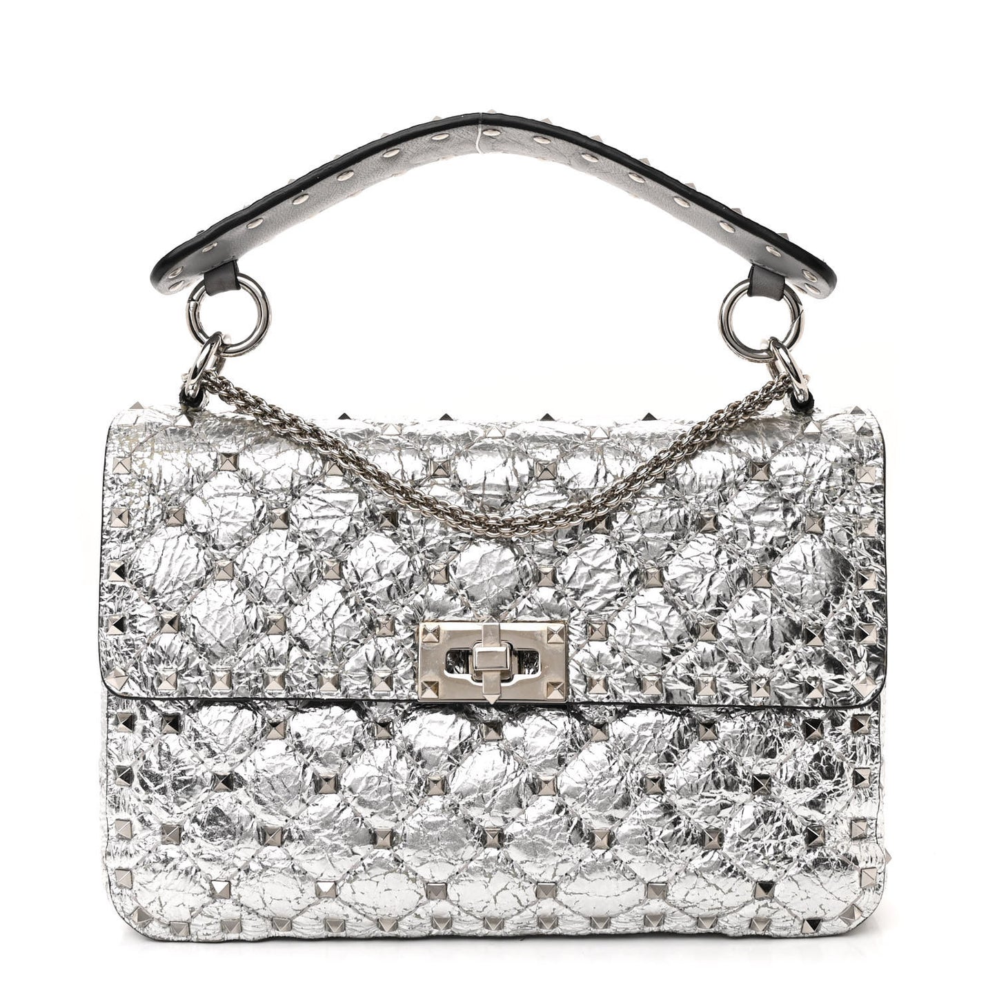 Metallic Craquele Nappa Medium Rockstud Spike Shoulder Bag Silver