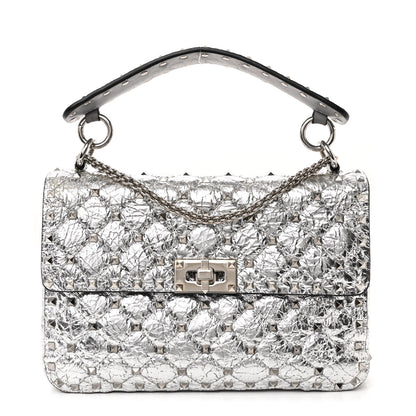 Valentino Garavani Metallic Craquele Nappa Medium Rockstud Spike Shoulder Bag Silver 1 of 13