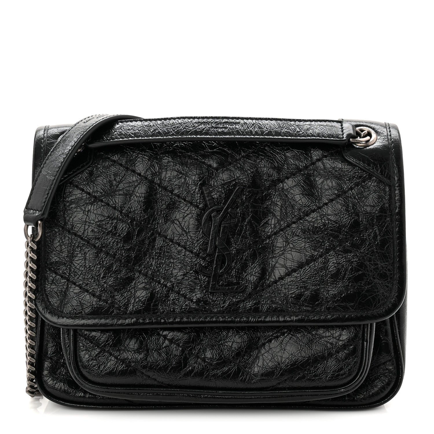 Saint Laurent Crinkled Calfskin Matelasse Monogram Baby Niki Chain Satchel Black 2 of 19