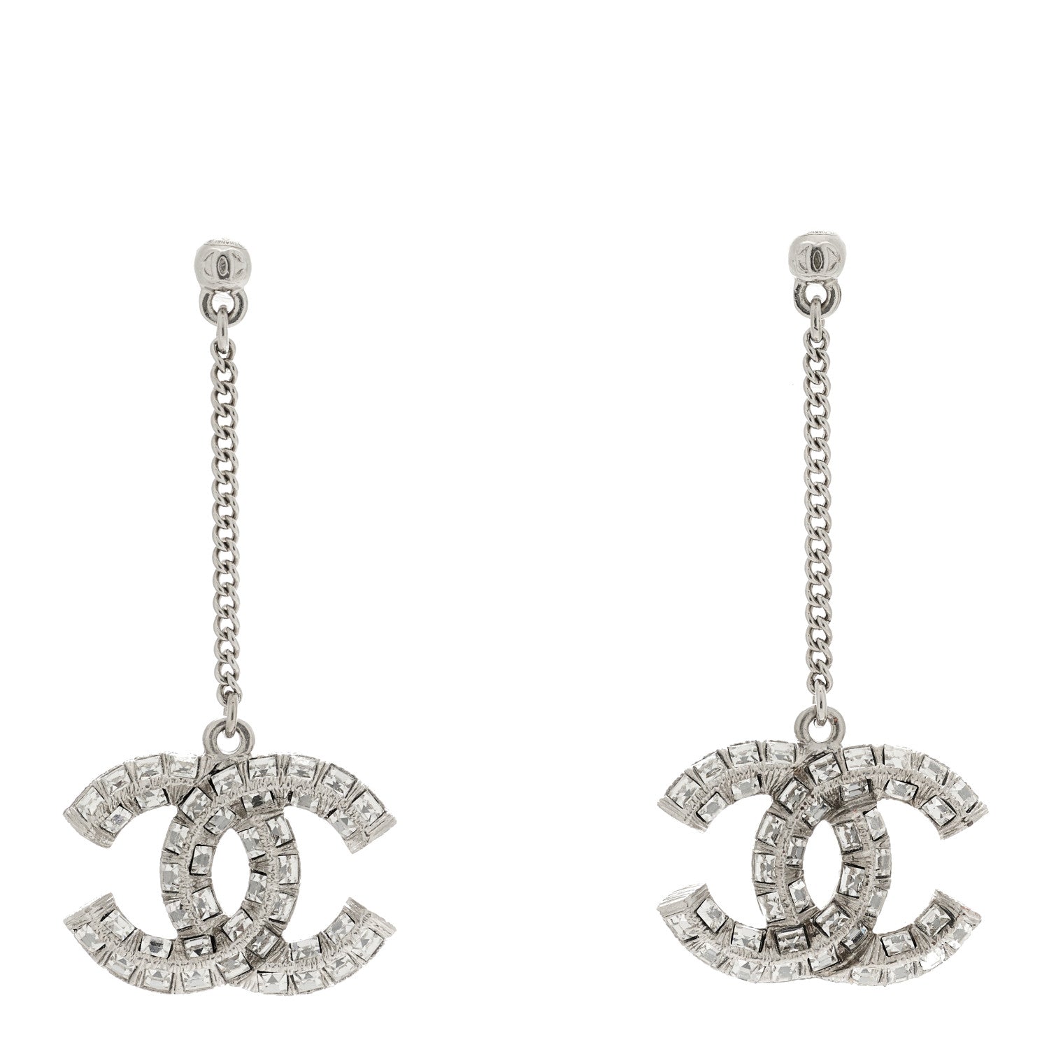 Chanel Baguette Crystal CC Drop Earrings Silver 1 of 4