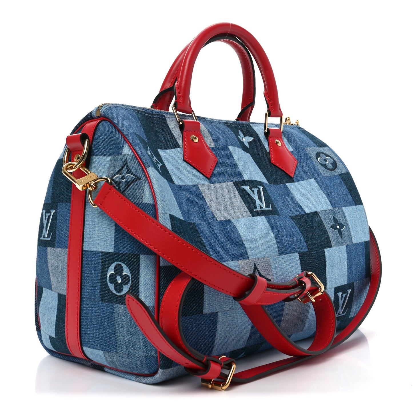 Denim Damier Monogram Patchwork Speedy Bandouliere 30 Blue Rouge
