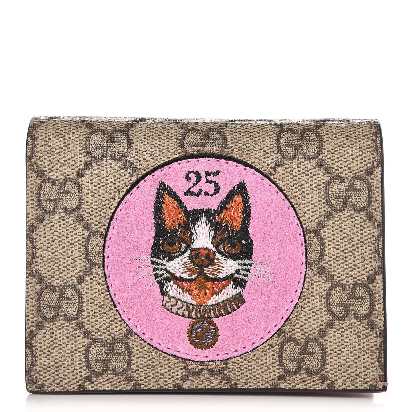 GG Supreme Monogram Bosco Patch Card Case Wallet Beige Malva Hibiscus Red