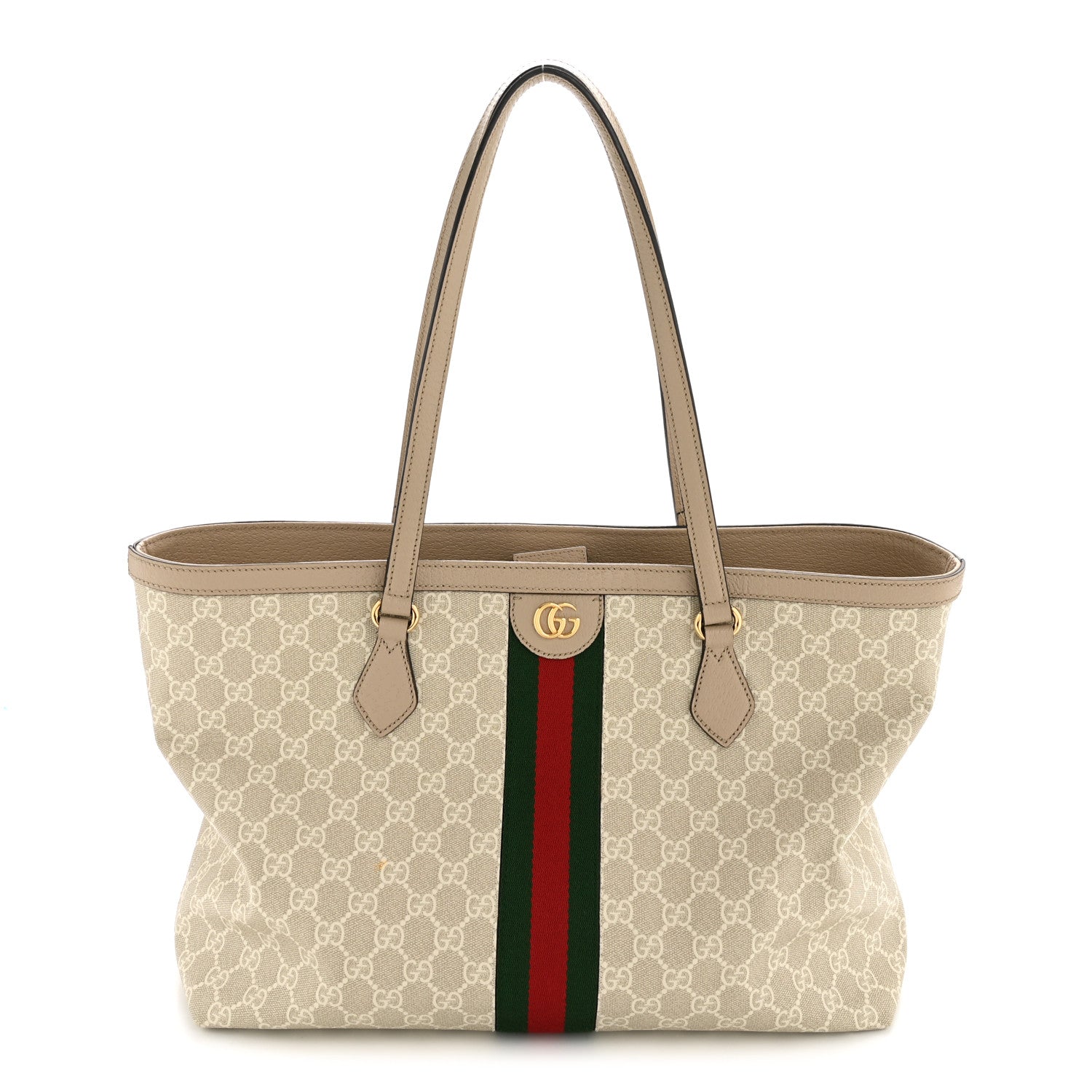Gucci GG Supreme Monogram Textured Dollar Calfskin Web Large Ophidia Shopping Tote Beige Mystic White Oatmeal 1 of 13