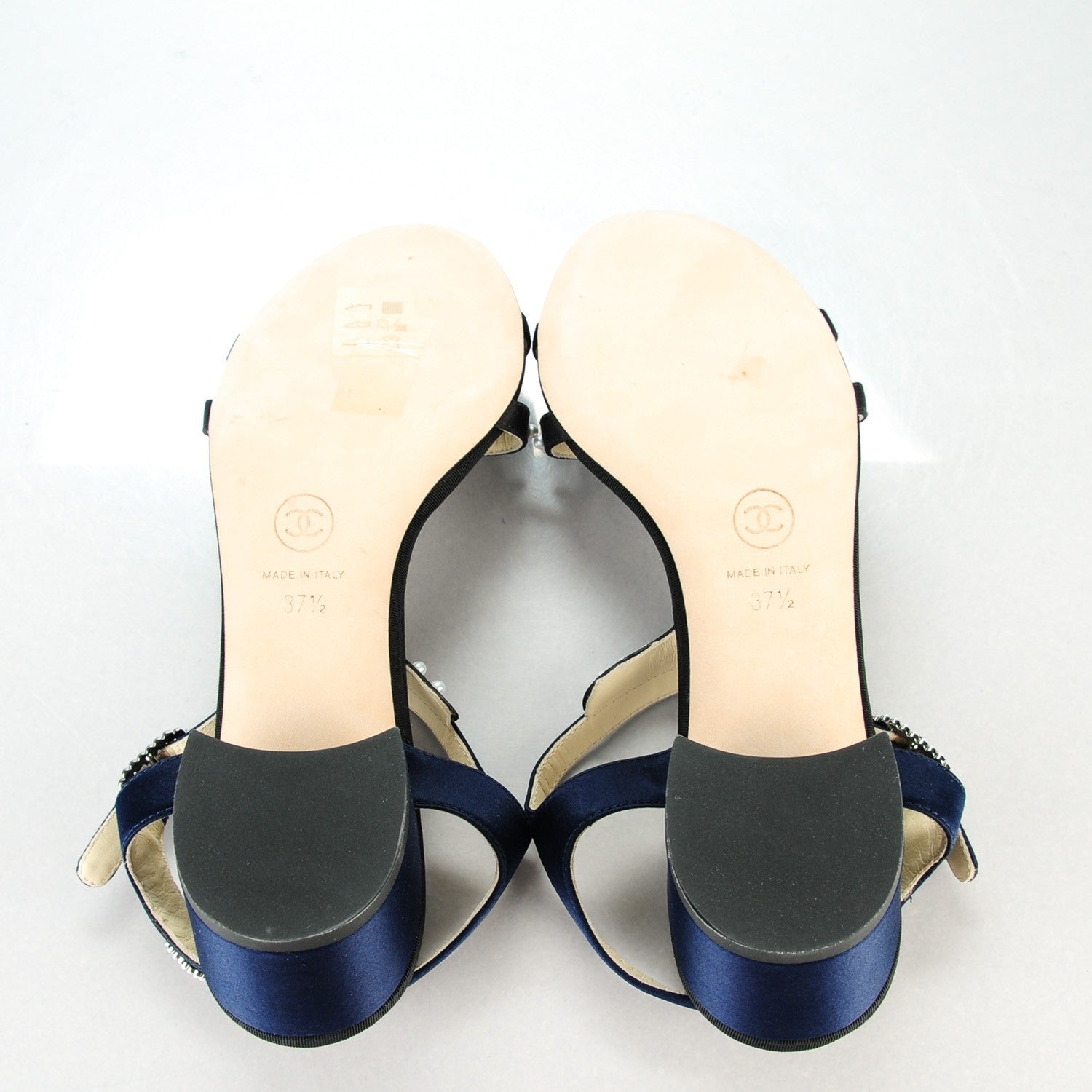 Chanel Satin Pearl Sandals 37.5 Black Navy 6 of 8