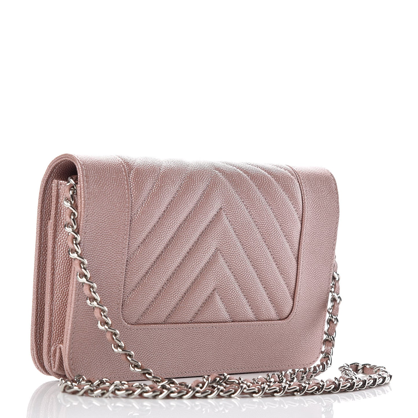 Metallic Caviar Chevron Quilted Vintage Mademoiselle Wallet On Chain WOC Pink