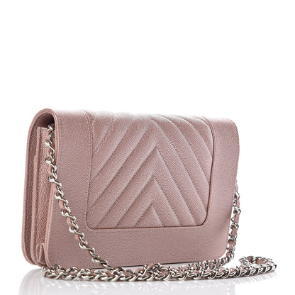 Chanel Metallic Caviar Chevron Quilted Vintage Mademoiselle Wallet On Chain WOC Pink 3 of 10