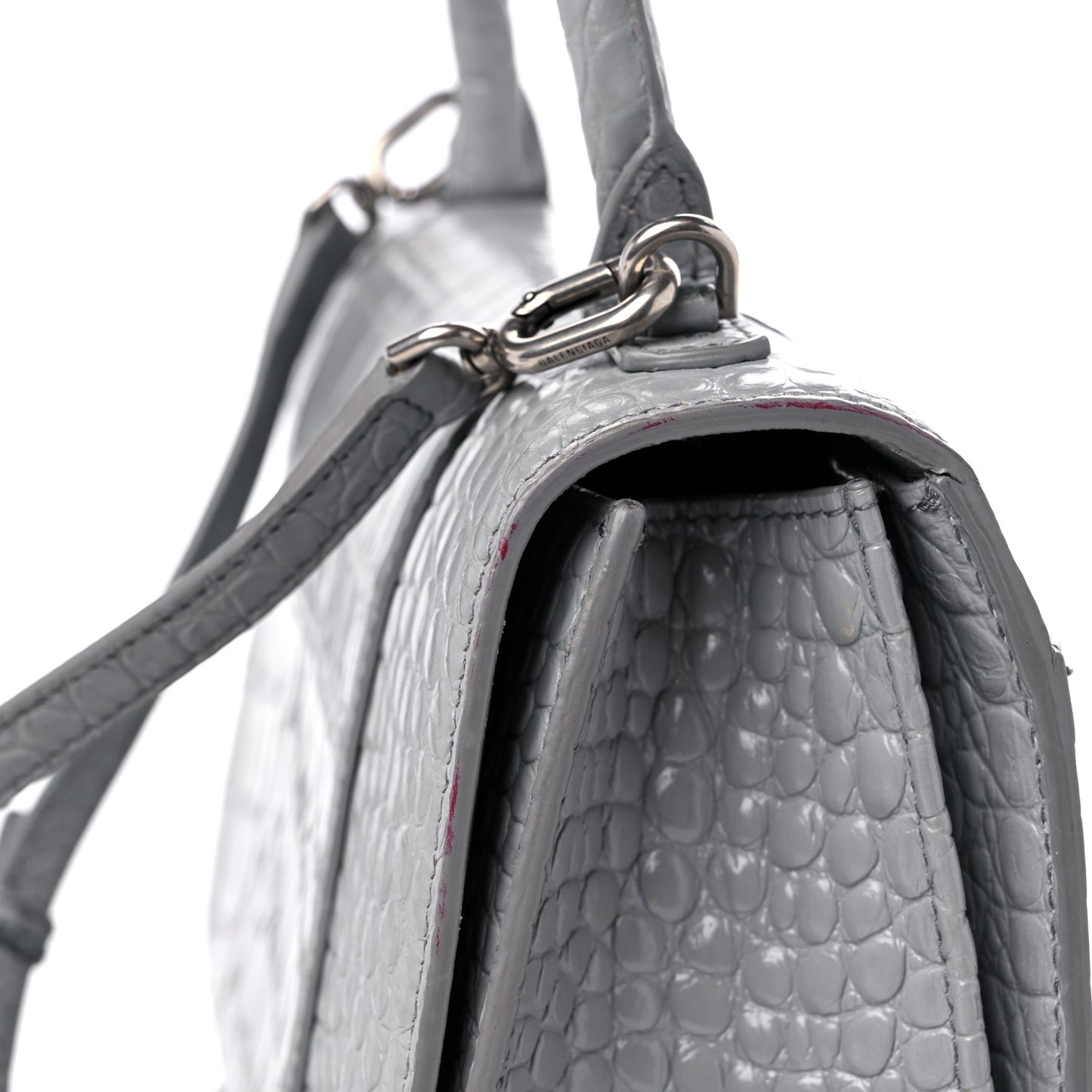 Shiny Calfskin Crocodile Embossed Medium Hourglass Top Handle Bag Balenciaga Grey