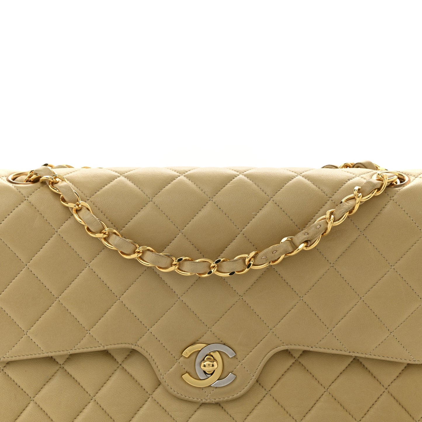 Lambskin Quilted Medium Double Flap Beige
