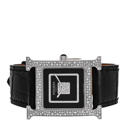 Hermes 18K White Gold Alligator Diamond Pave 26mm Heure H Hour Quartz Watch Noir 2 of 5