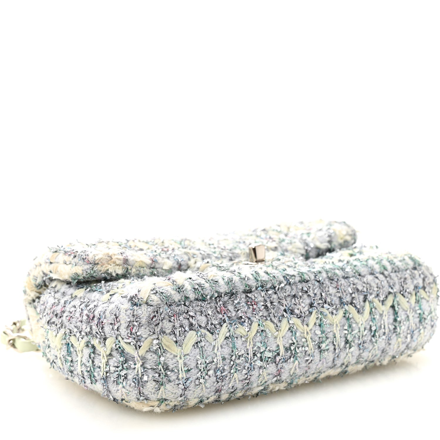 Chanel Tweed Quilted Mini Rectangular Flap Light Green Silver