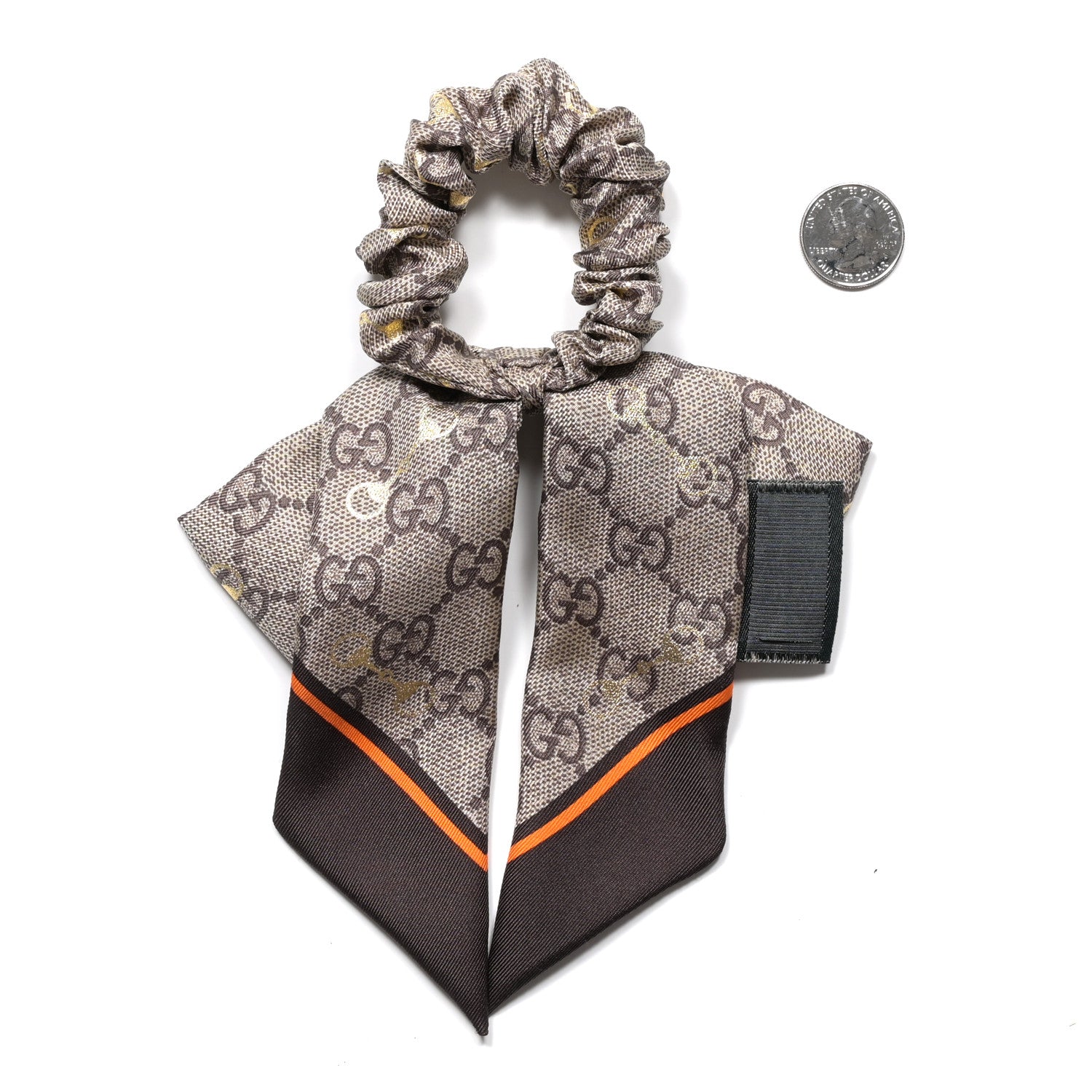 Gucci Silk Twill GG Monogram Gold Horsebity Bow Scrunchie Brown Orange 2 of 3
