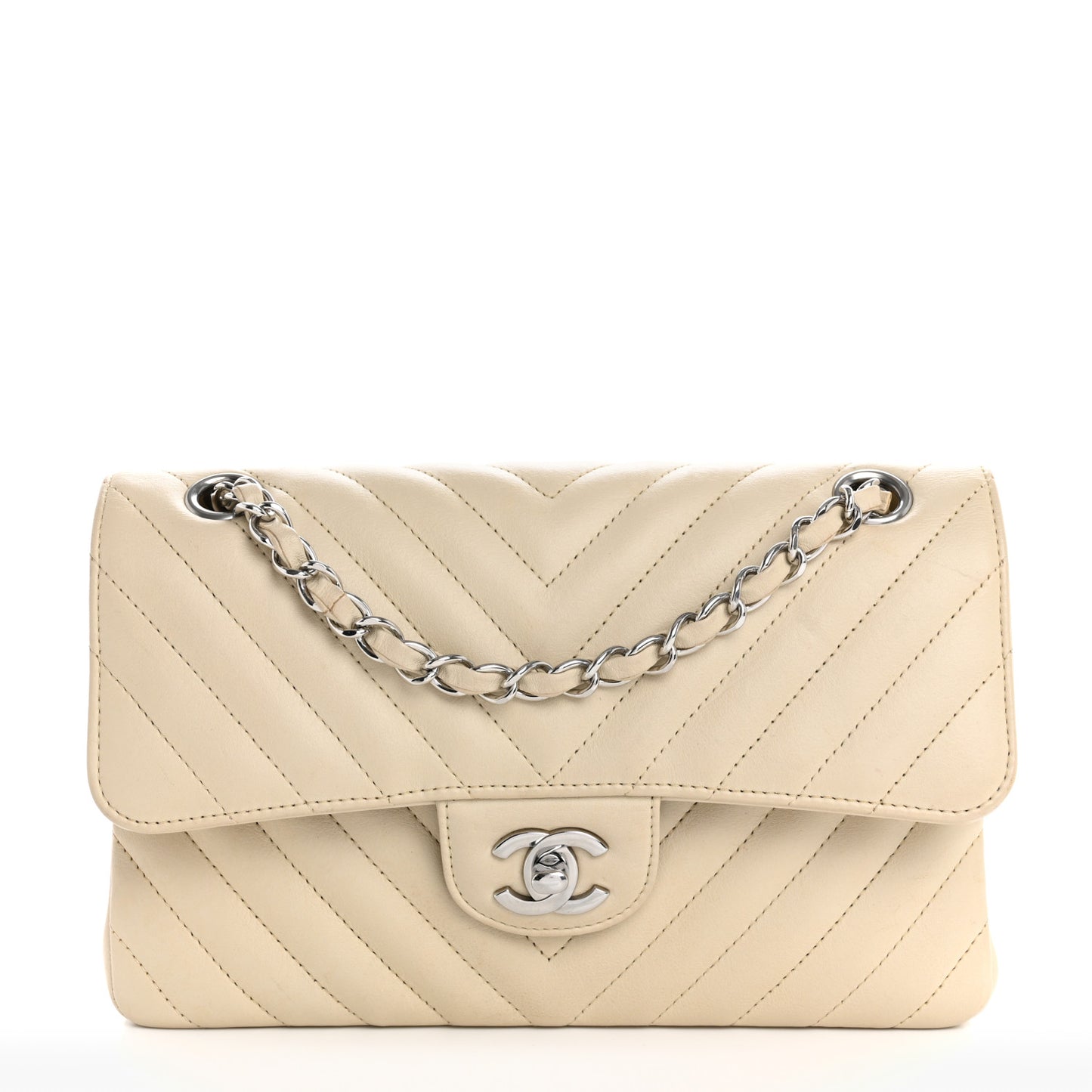 Calfskin Chevron Quilted Small Double Flap White