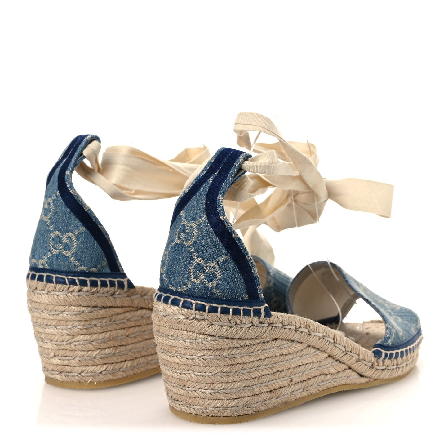 New Denim GG Monogram Pilar Ankle Wrap Espadrille Wedge Sandals 41 Light Blue
