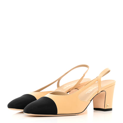 Chanel Goatskin Grosgrain Cap Toe CC Slingback Pumps 41 Beige Black 3 of 15