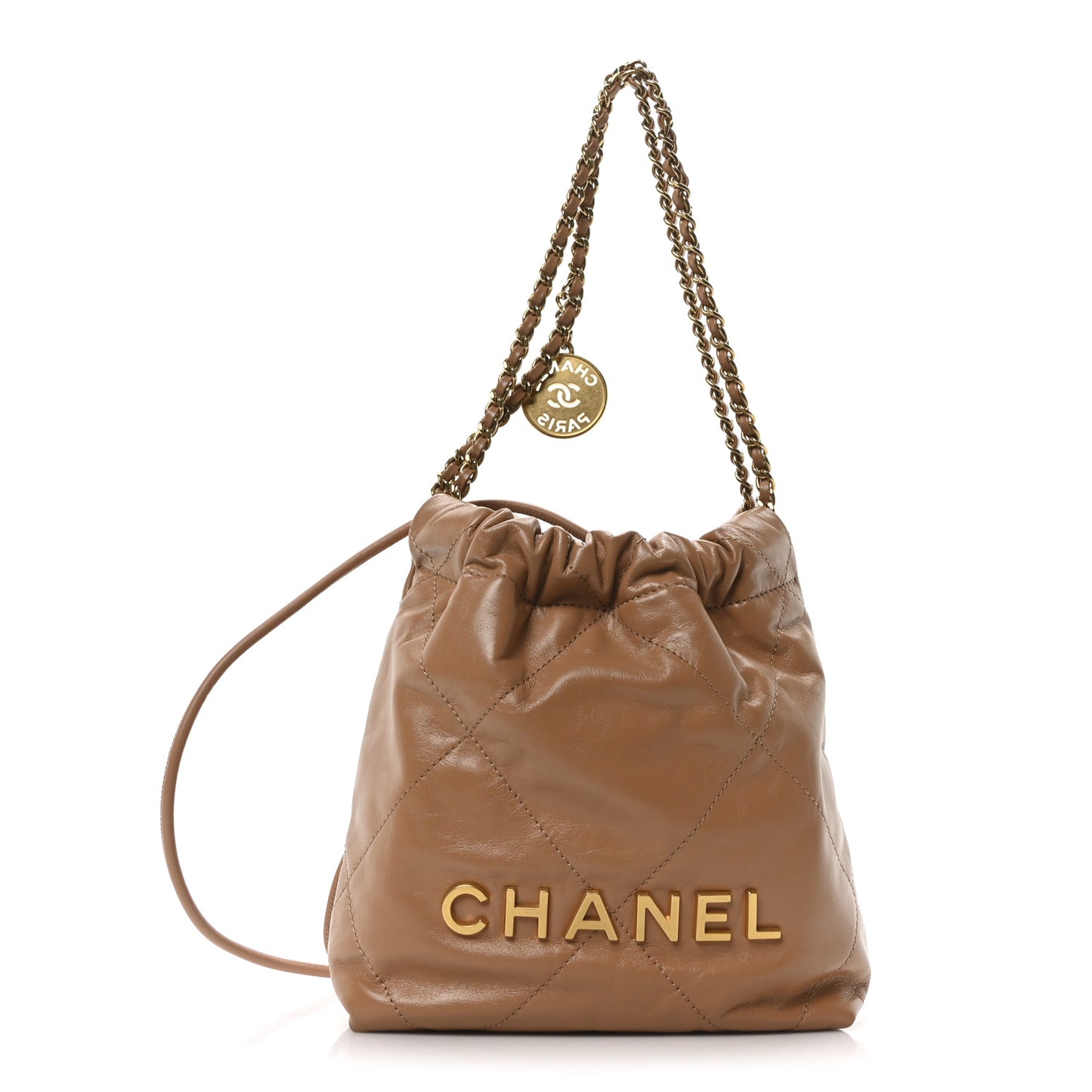 Shiny Calfskin Quilted Mini Chanel 22 Dark Beige