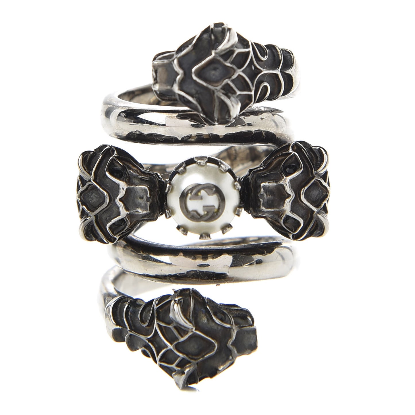 Pearl Tiger Heads Double Wrap Ring 6.5 Silver
