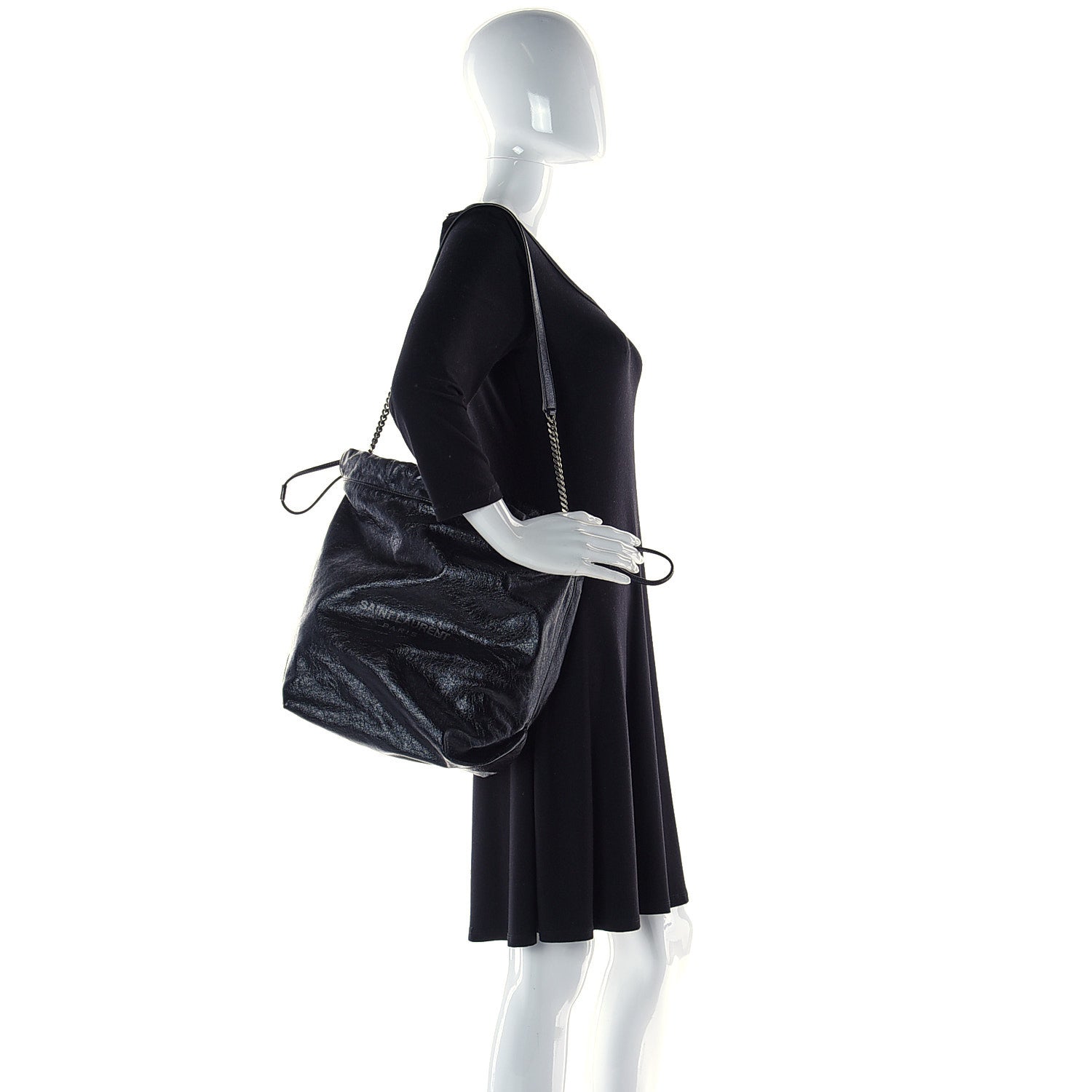 Saint Laurent Cracked Shiny Calfskin Teddy Drawstring Bag Black 3 of 5