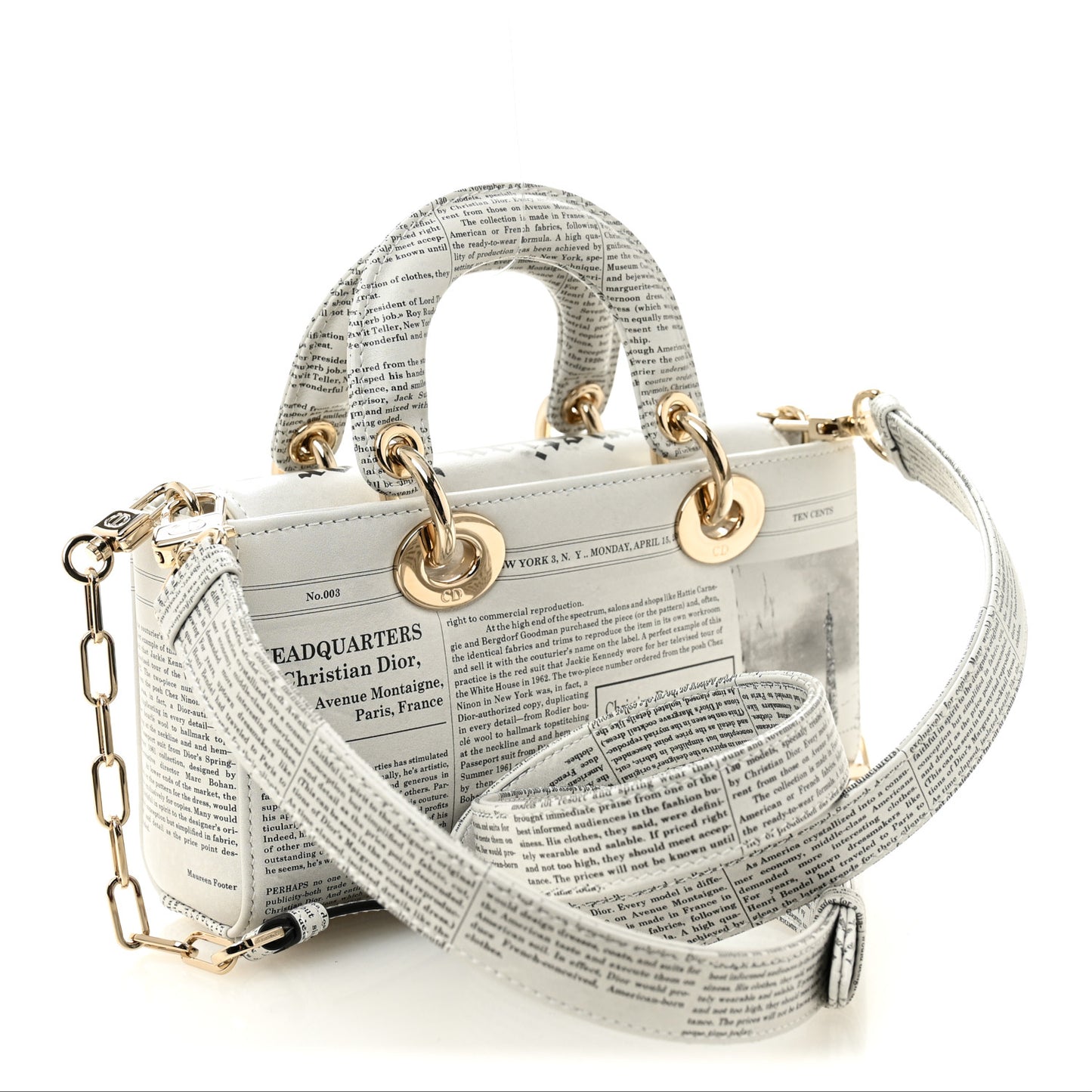 Calfskin Newspaper Printed Small Lady D-Joy Black White