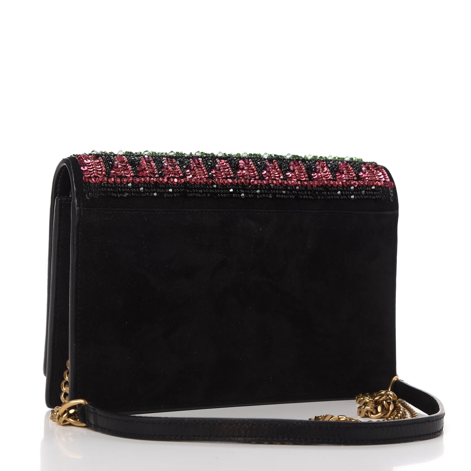 Saint Laurent Suede Sequin Bead Embellished Classic Monogram Kate Tassel Chain Wallet Black Multicolor 3 of 9