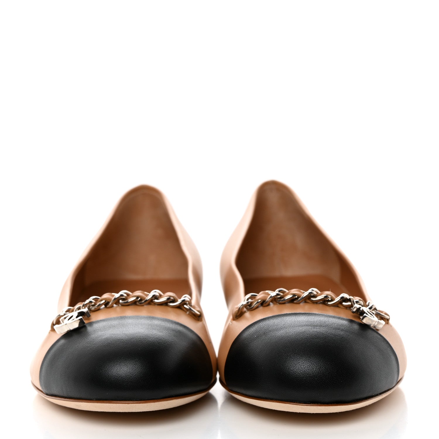 Chanel Lambskin Cap Toe Chain Ballerina Flats 37 Beige Black 2 of 9