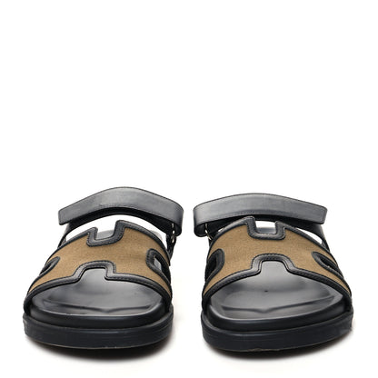 Hermes Canvas Calfskin Mens Chypre Sandals 42 Kaki Black 2 of 9