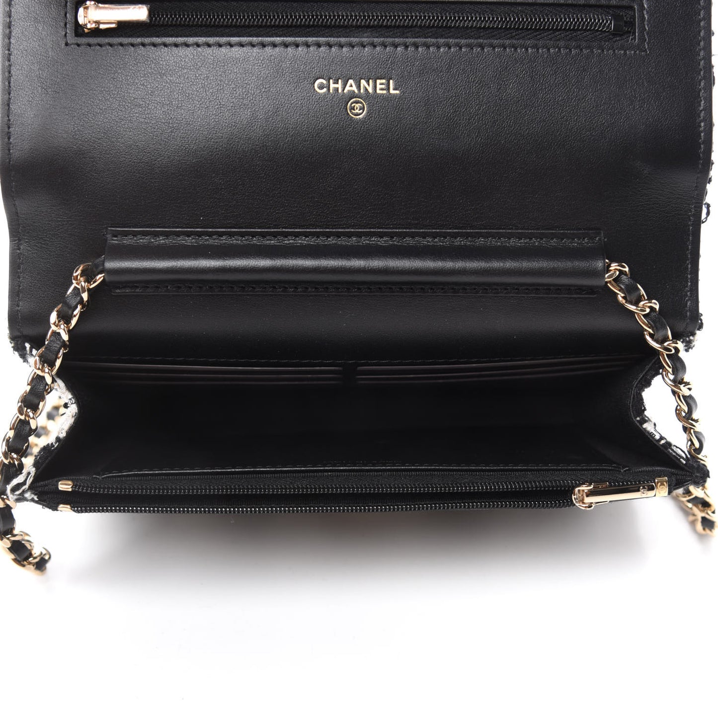 Tweed Quilted Wallet On Chain WOC Black Ecru White