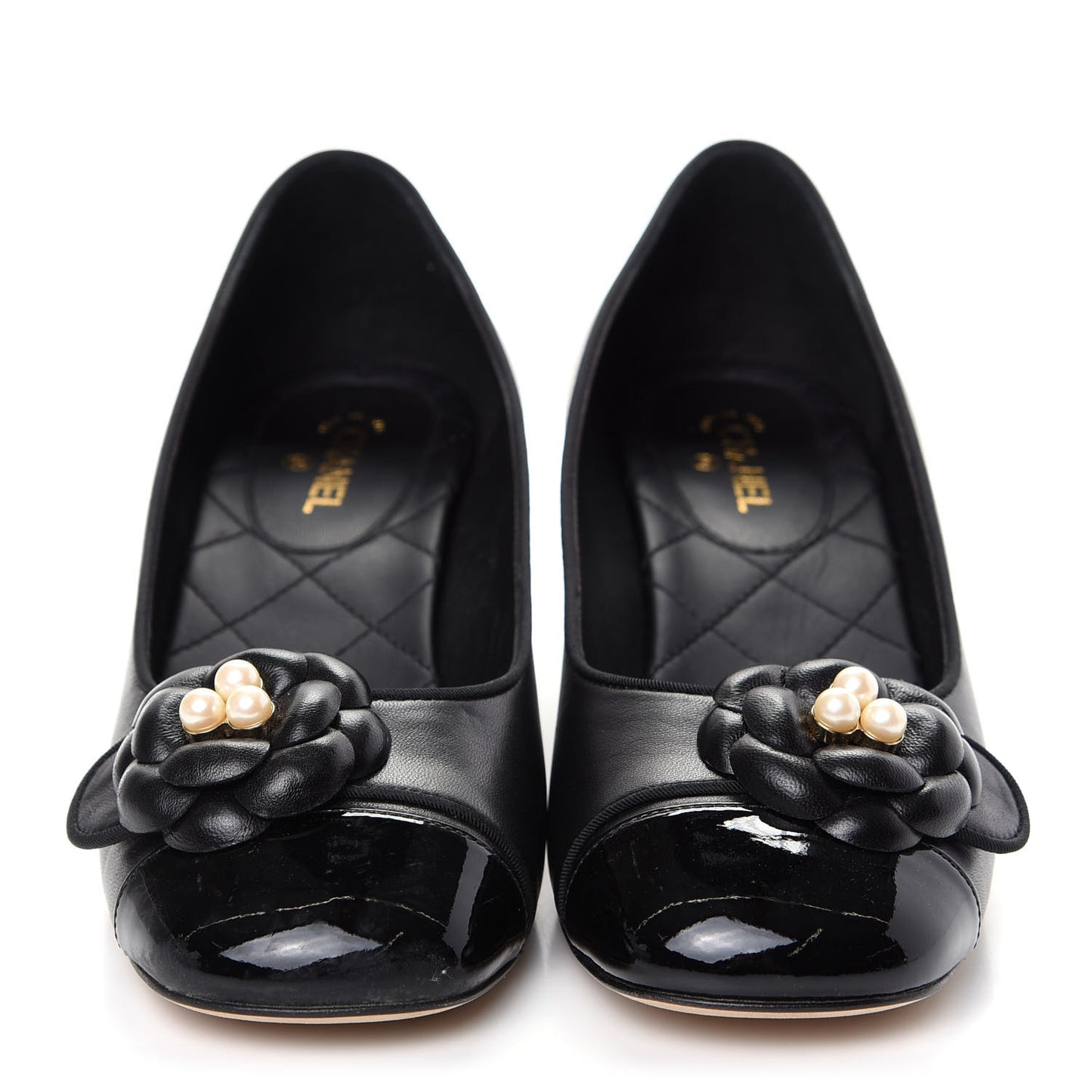 Lambskin Patent Calfskin Pearl Camellia Cap Toe Pumps 37 Black