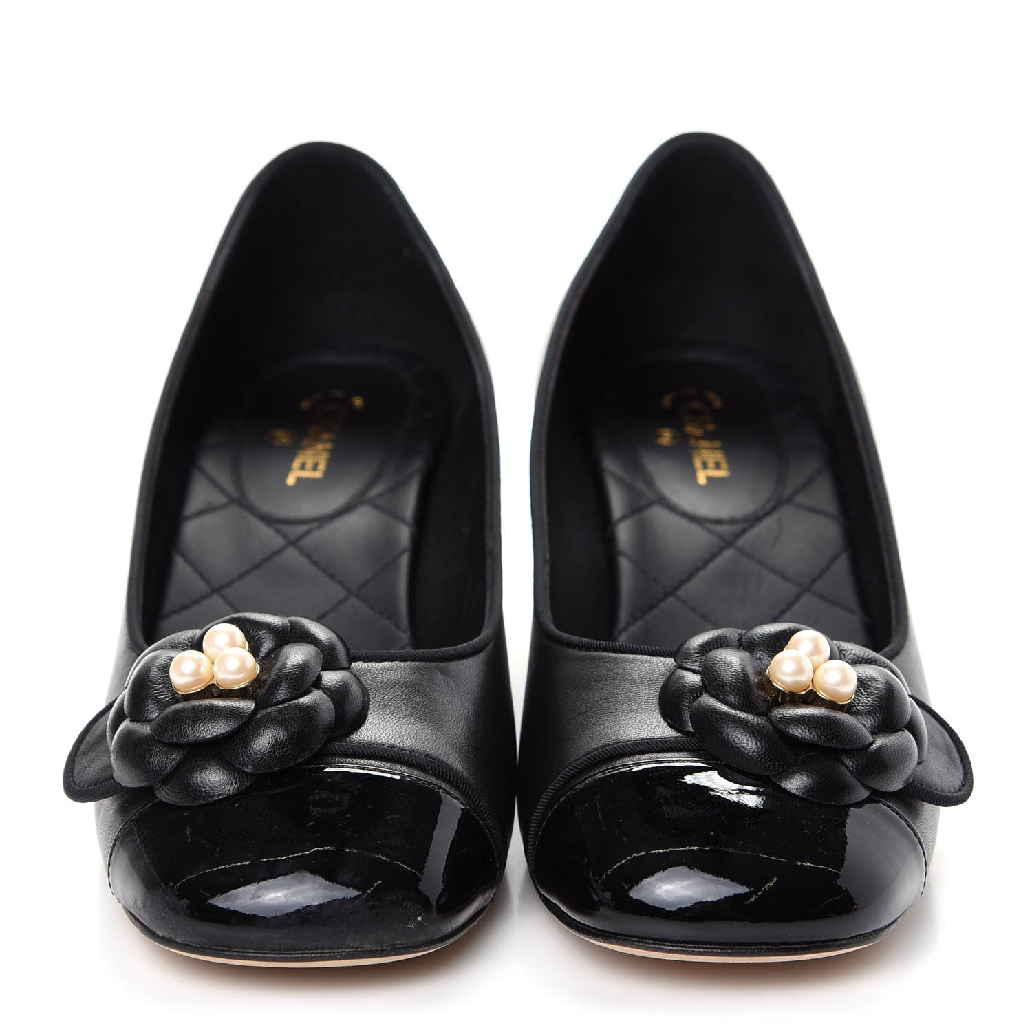 Chanel Lambskin Patent Calfskin Pearl Camellia Cap Toe Pumps 37 Black 2 of 11