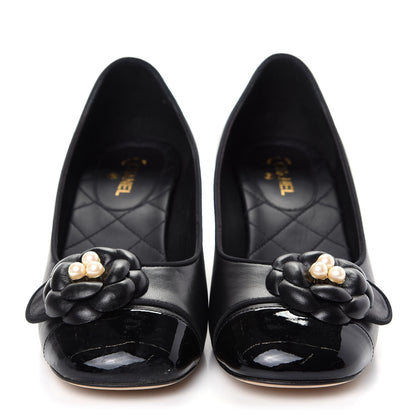 Chanel Lambskin Patent Calfskin Pearl Camellia Cap Toe Pumps 37 Black 2 of 11