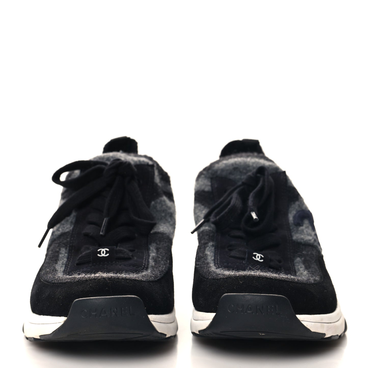Knit Fabric Suede Calfskin Womens CC Sneakers 40.5 Grey Black