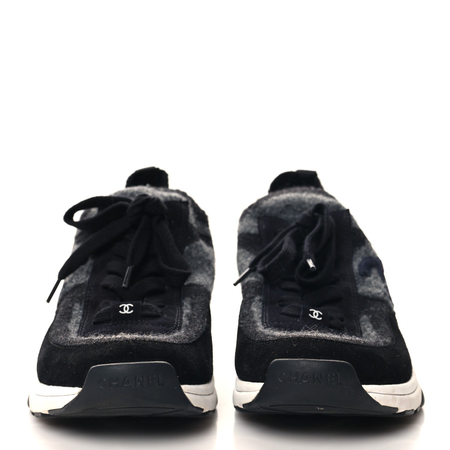 Chanel Knit Fabric Suede Calfskin Womens CC Sneakers 40.5 Grey Black 3 of 7
