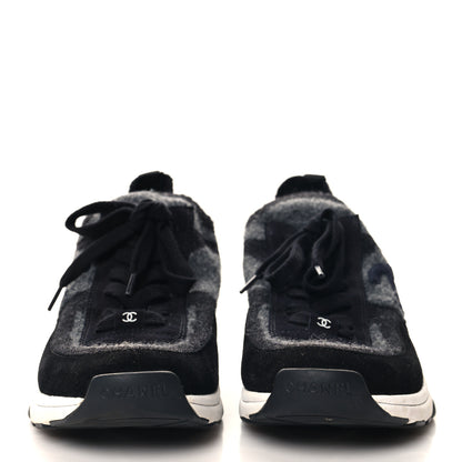 Chanel Knit Fabric Suede Calfskin Womens CC Sneakers 40.5 Grey Black 3 of 7