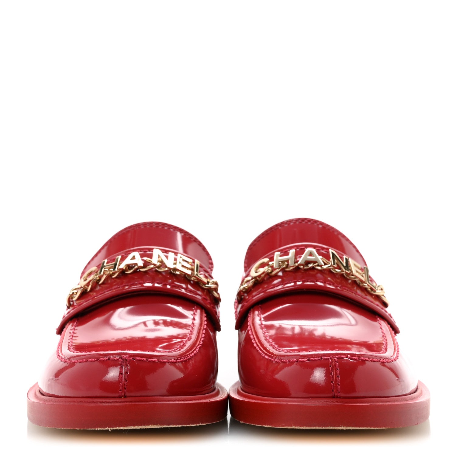 Chanel Shiny Calfskin Logo Loafers 38 Red 3 of 10