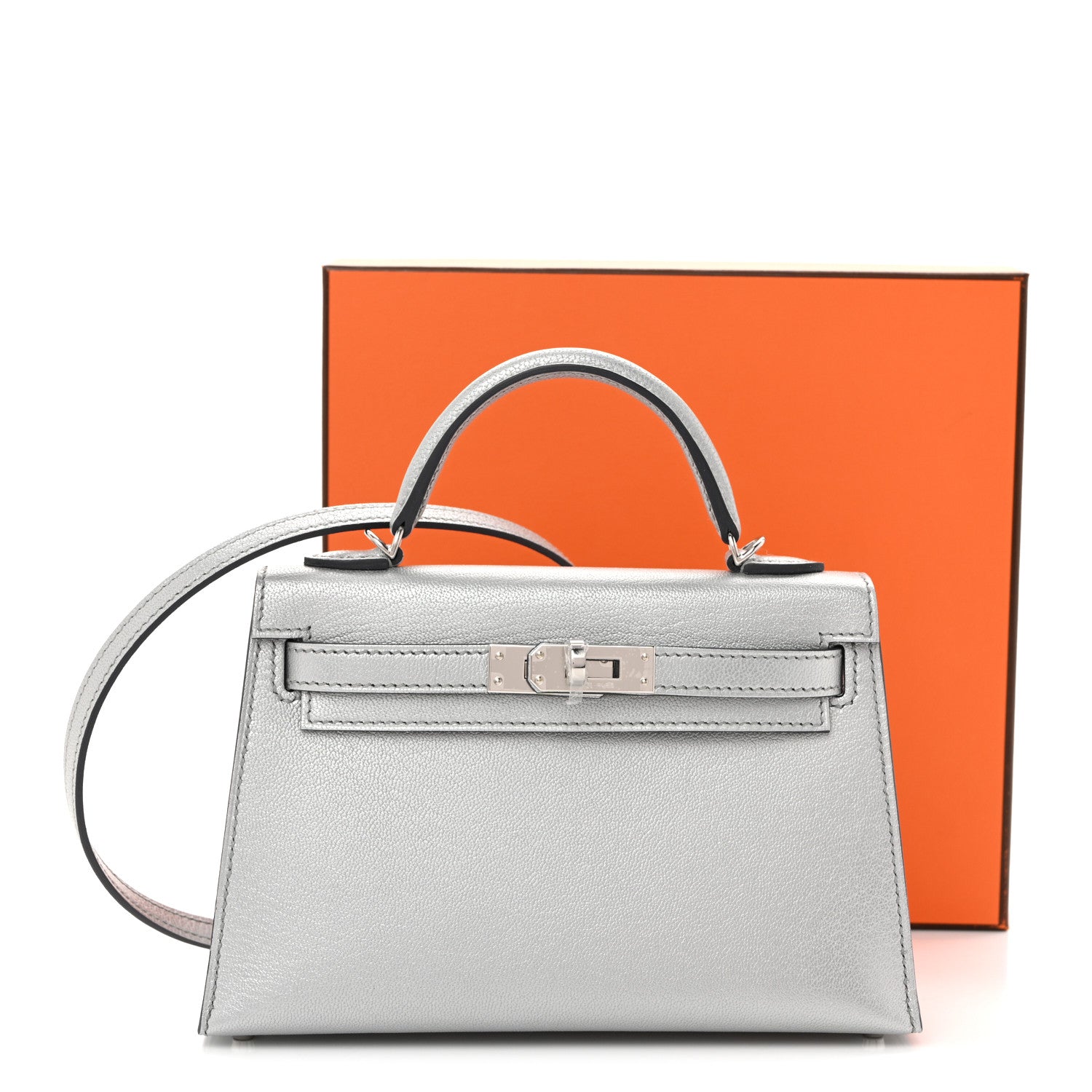 Hermes Metallic Chevre Chamkilight Mini Kelly Sellier 20 Argent