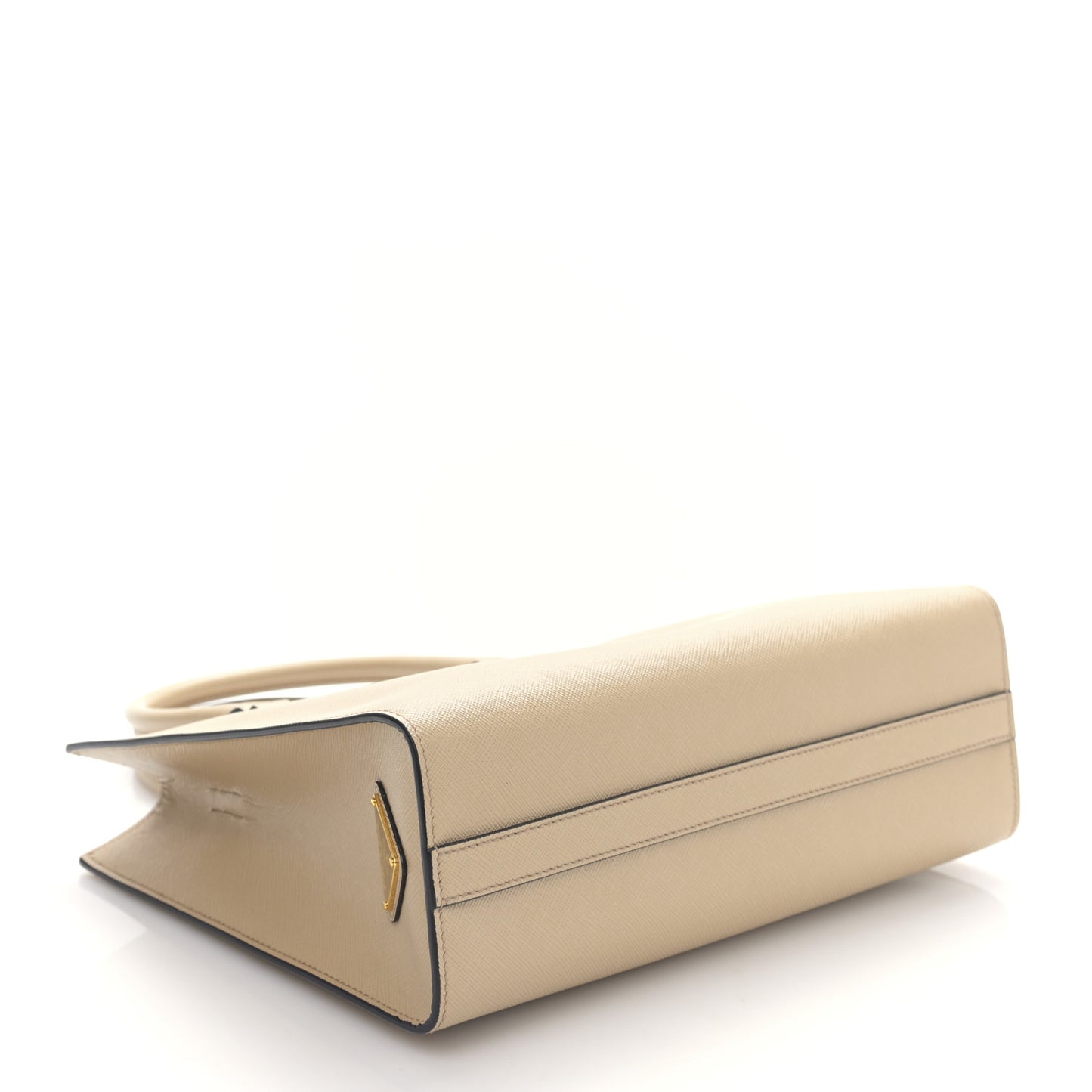 Saffiano Lux Logo Embossed Medium Shoulder Tote Handbag Sabbia