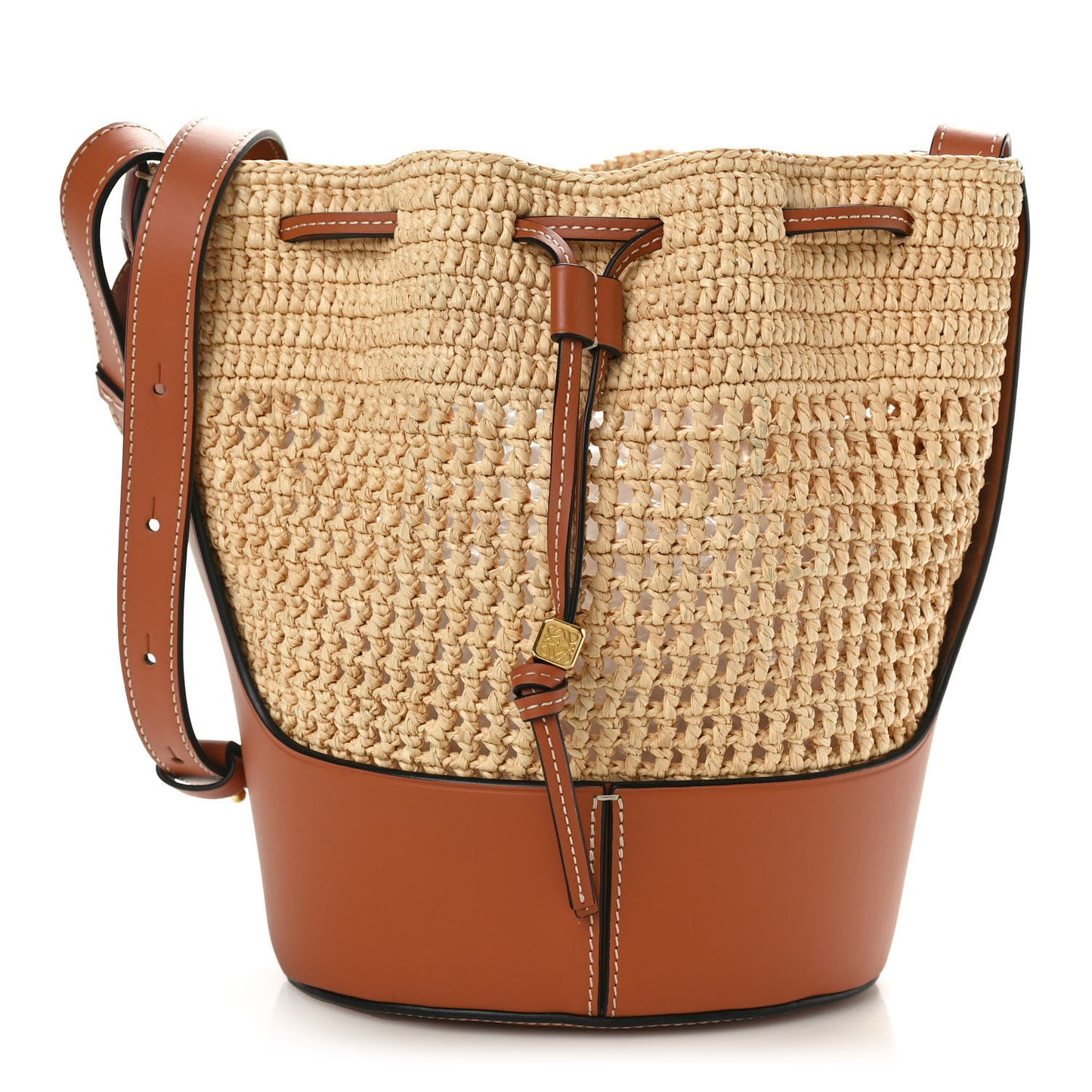 Raffia Calfskin Balloon Bucket Bag Natural Tan