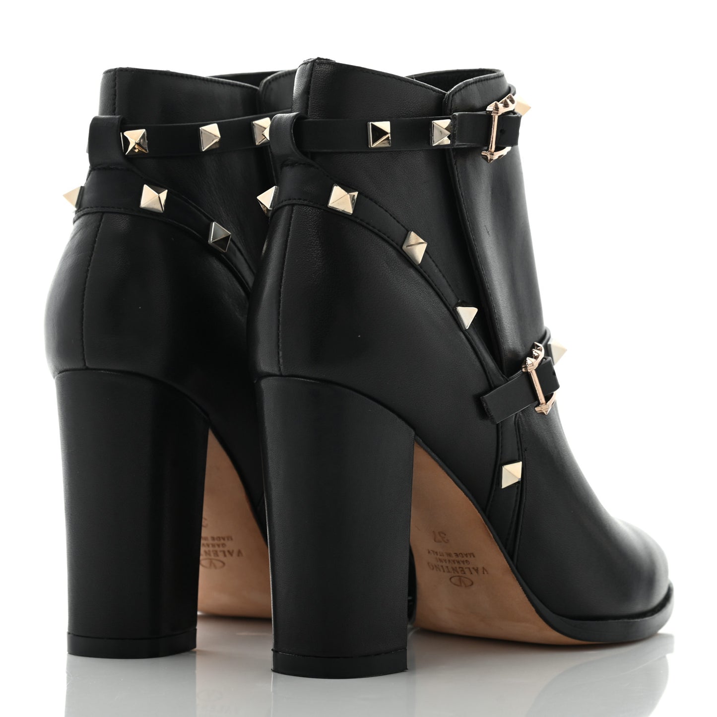 Calfskin Rockstud Double Buckle Block Heel Ankle Boots 37 Black