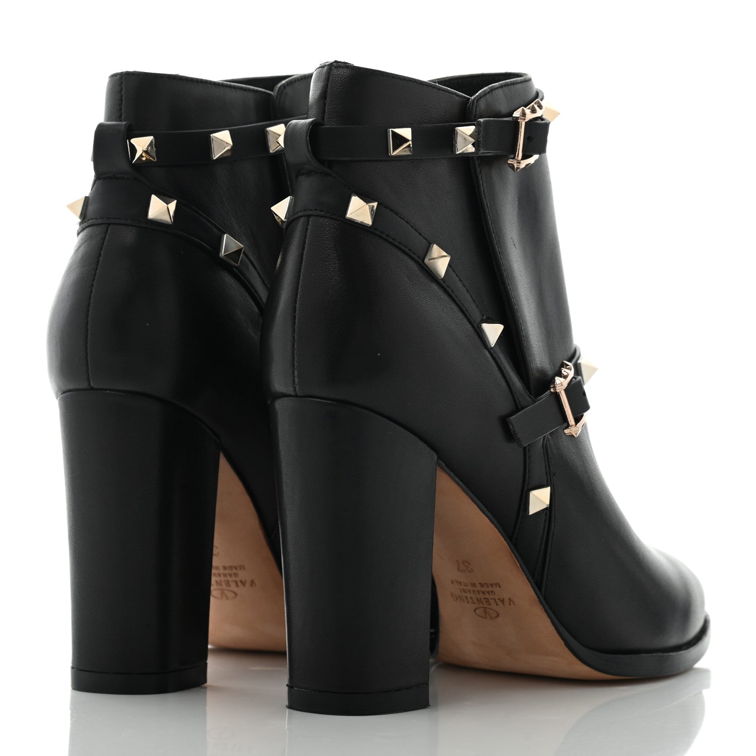 Valentino Garavani Calfskin Rockstud Double Buckle Block Heel Ankle Boots 37 Black 4 of 13