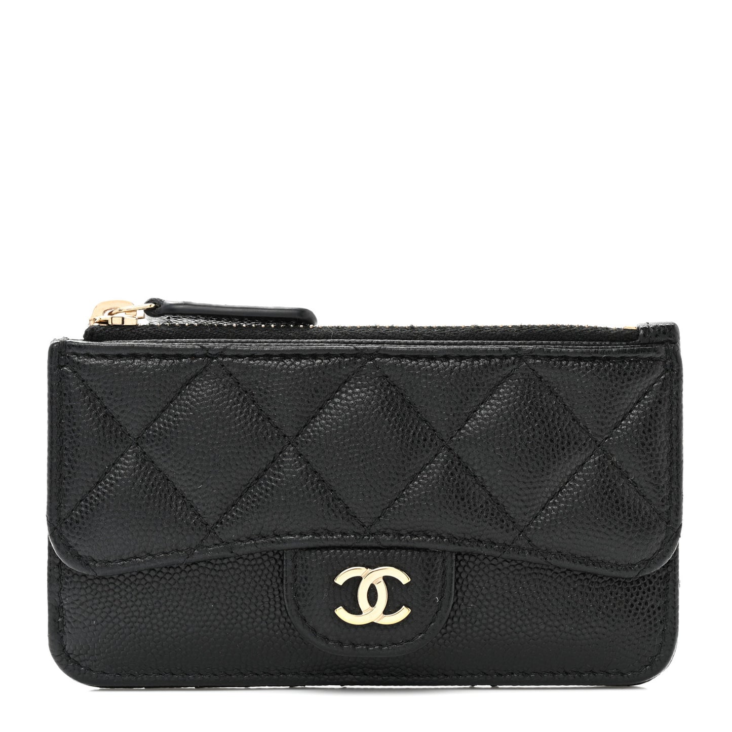 Caviar Quilted Flap Zip Card Holder Black