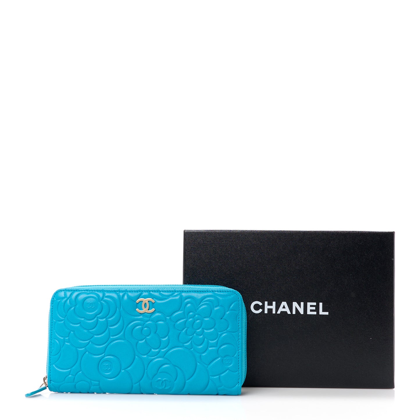 Lambskin Camellia Embossed Large Gusset Zip Around Wallet Turquoise