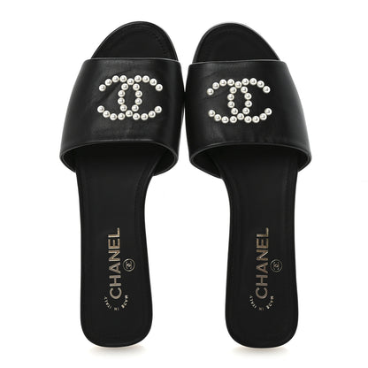 Chanel Lambskin Pearl CC Sandals 40.5 Black 2 of 9